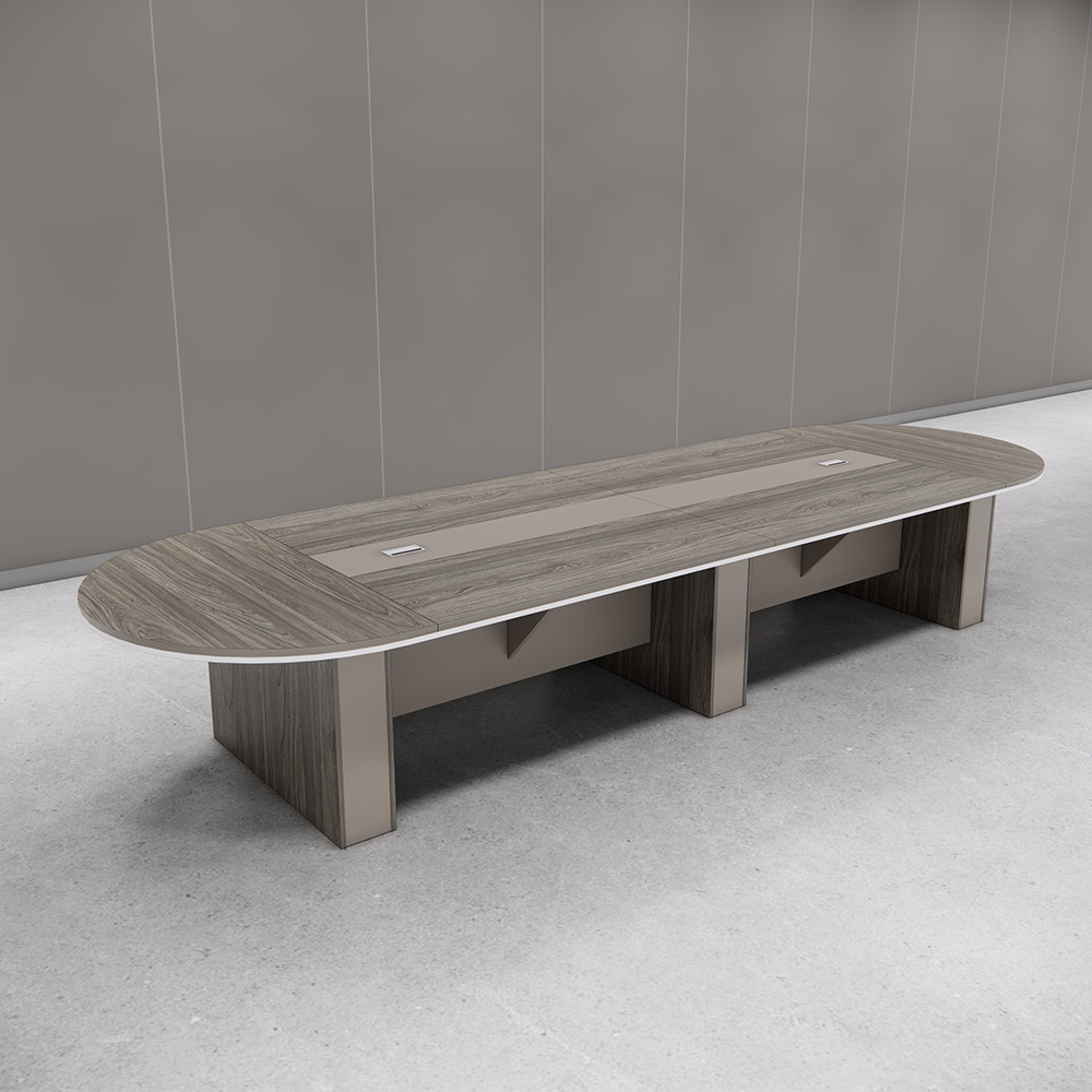 Bàn họp gỗ MDF phủ Melamin SMBHG023, mặt bàn oval 450cm, tích hợp ổ cắm điện, chân hộp vững chắc.