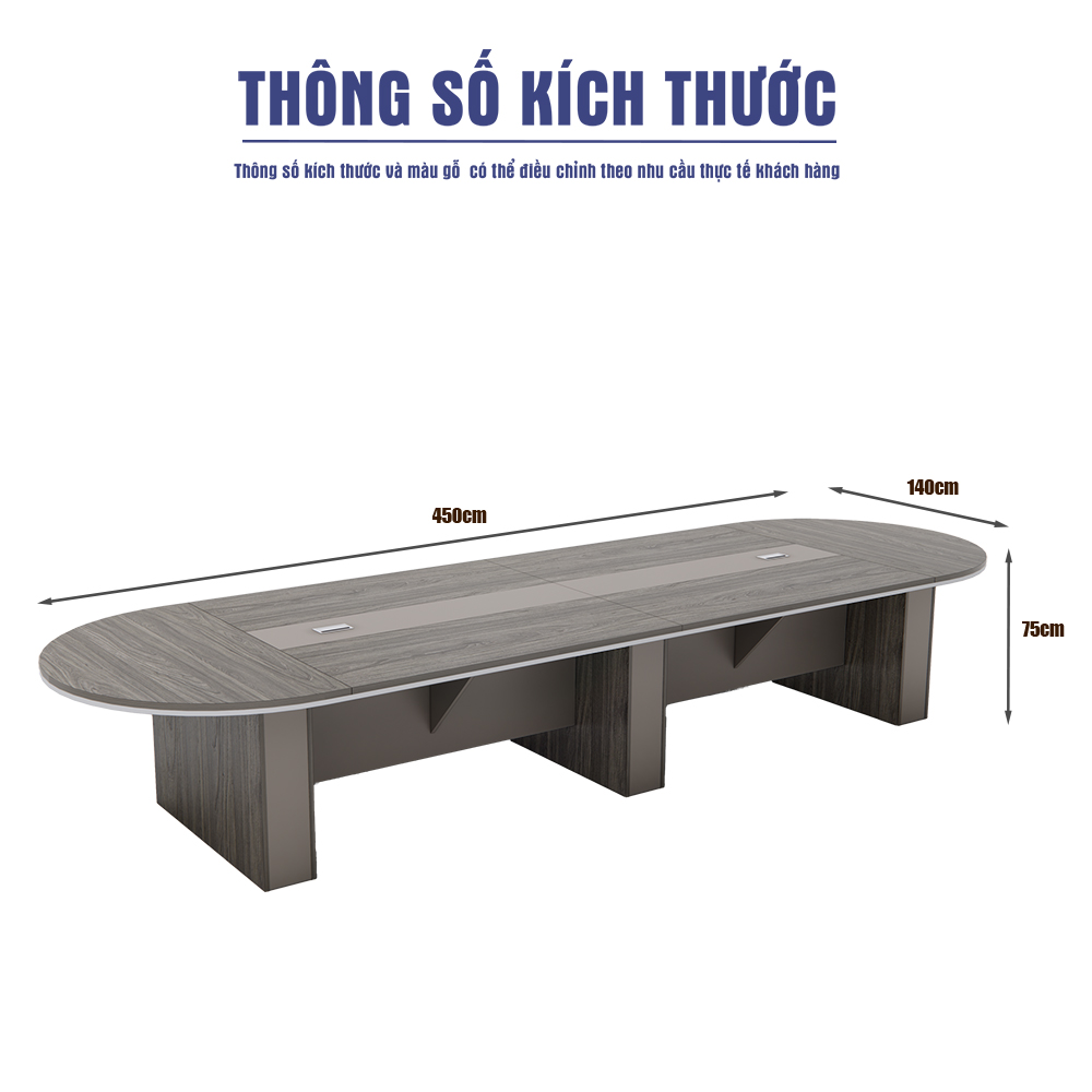 Bàn họp SMBHG023 kích thước 450cm x 140cm x 75cm, mặt bàn oval, viền ốp 42mm, tích hợp ổ điện, chân hộp chắc chắn.