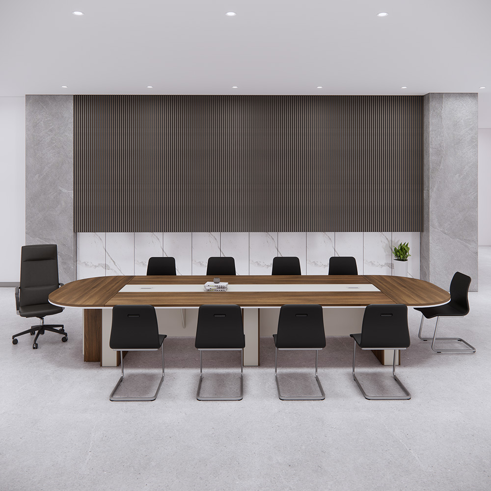 Bàn họp gỗ SMBHG027 dài 480cm, thiết kế oval, chân hộp chắc chắn, có tủ phụ.