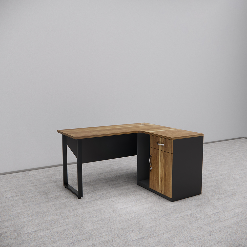 Bàn làm việc góc SMBLVL004, kích thước chi tiết 140x120x75cm, gỗ MDF phủ Melamin kết hợp chân sắt hộp sơn tĩnh điện chống trầy