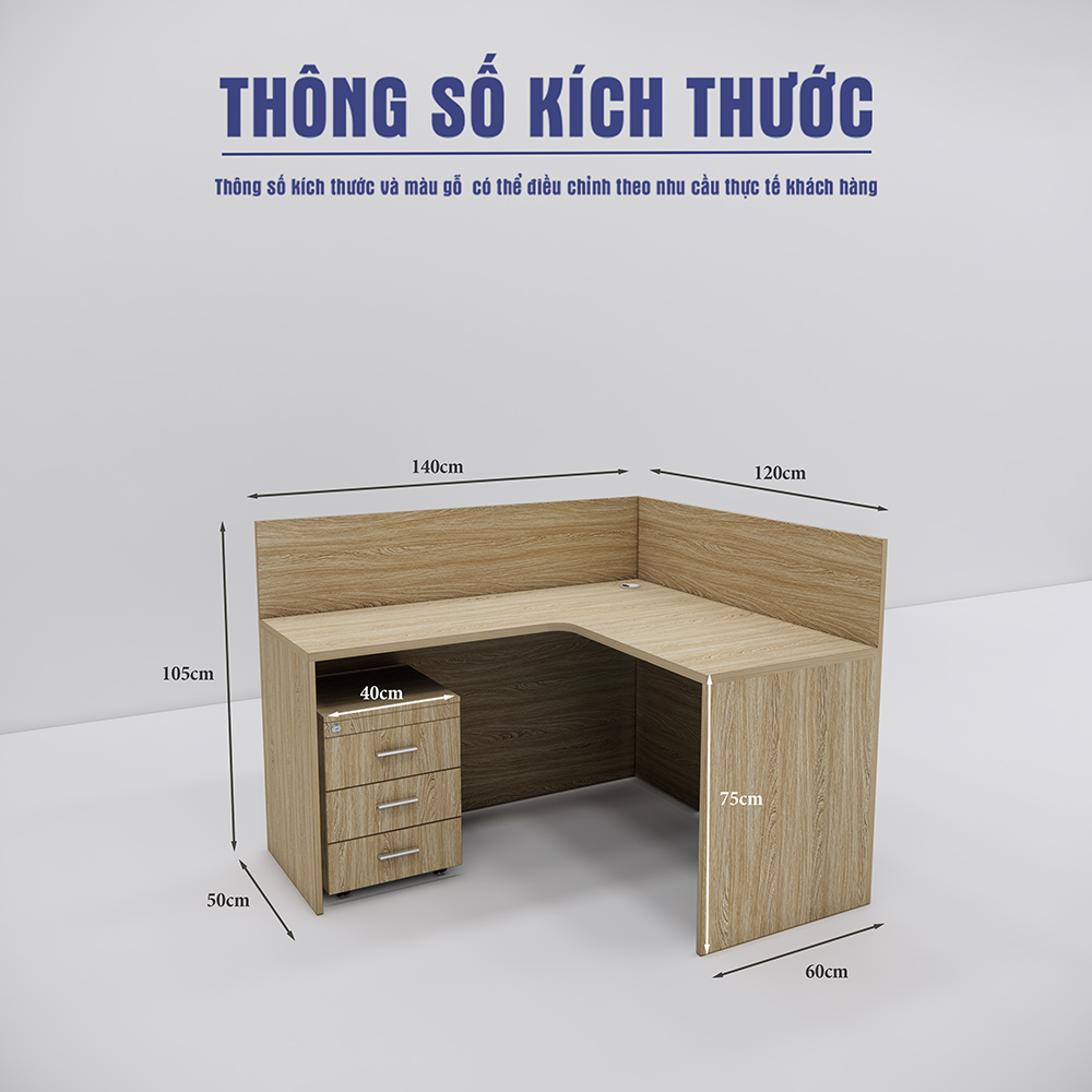 Bàn làm việc SMBLVL006, chữ L, kích thước 140x120x75cm, gỗ MDF phủ Melamine, vân gỗ tự nhiên