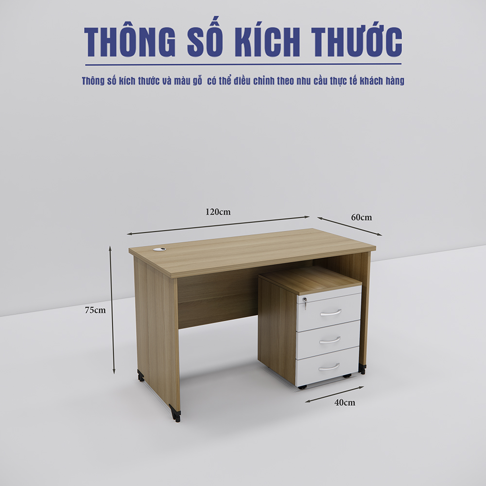Bàn làm việc SMBLV001 kích thước 120x60x75cm, chất liệu gỗ MDF phủ Melamin chống trầy xước