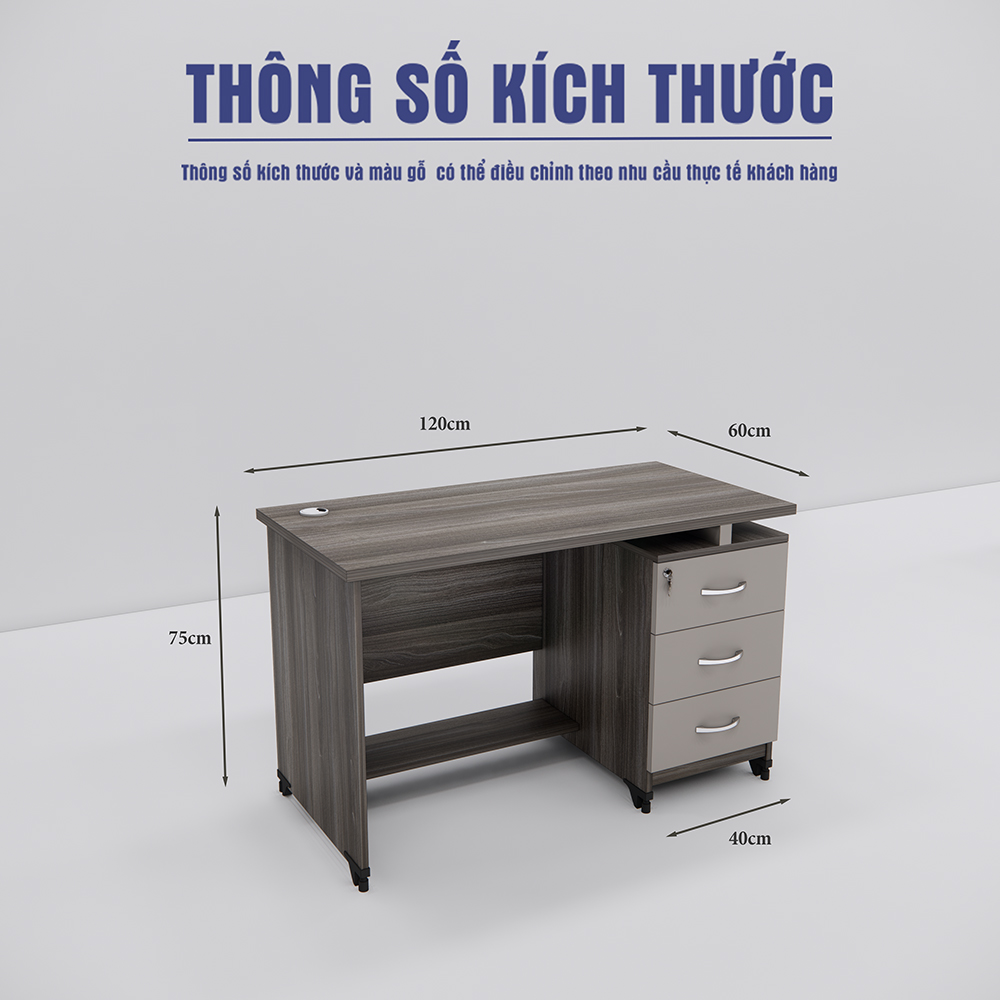 Bàn làm việc SMBLV002 kích thước 120x60x75cm, chất liệu gỗ MDF phủ Melamin, tủ 3 ngăn rộng 40cm