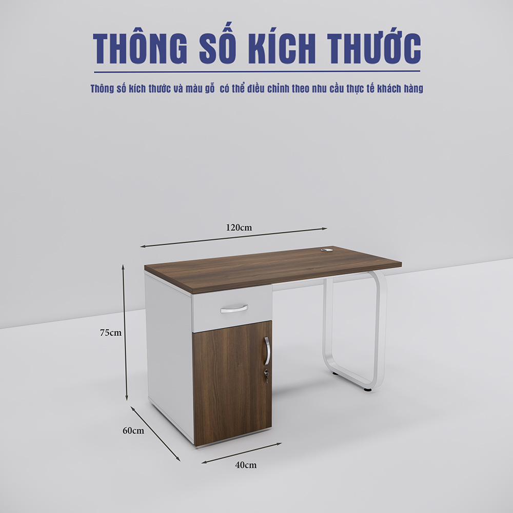 Bàn làm việc văn phòng SMBLV011 kích thước 120x60x75cm, chất liệu MDF và chân sắt