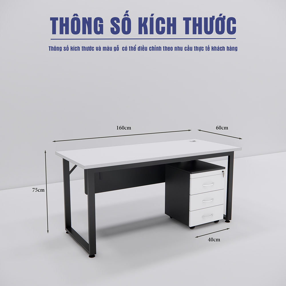 Bàn làm việc giá rẻ SMBLV0014, gỗ MDF melamine, chân sắt sơn tĩnh điện, kèm tủ hồ sơ di động, kích thước 160x60x75cm.