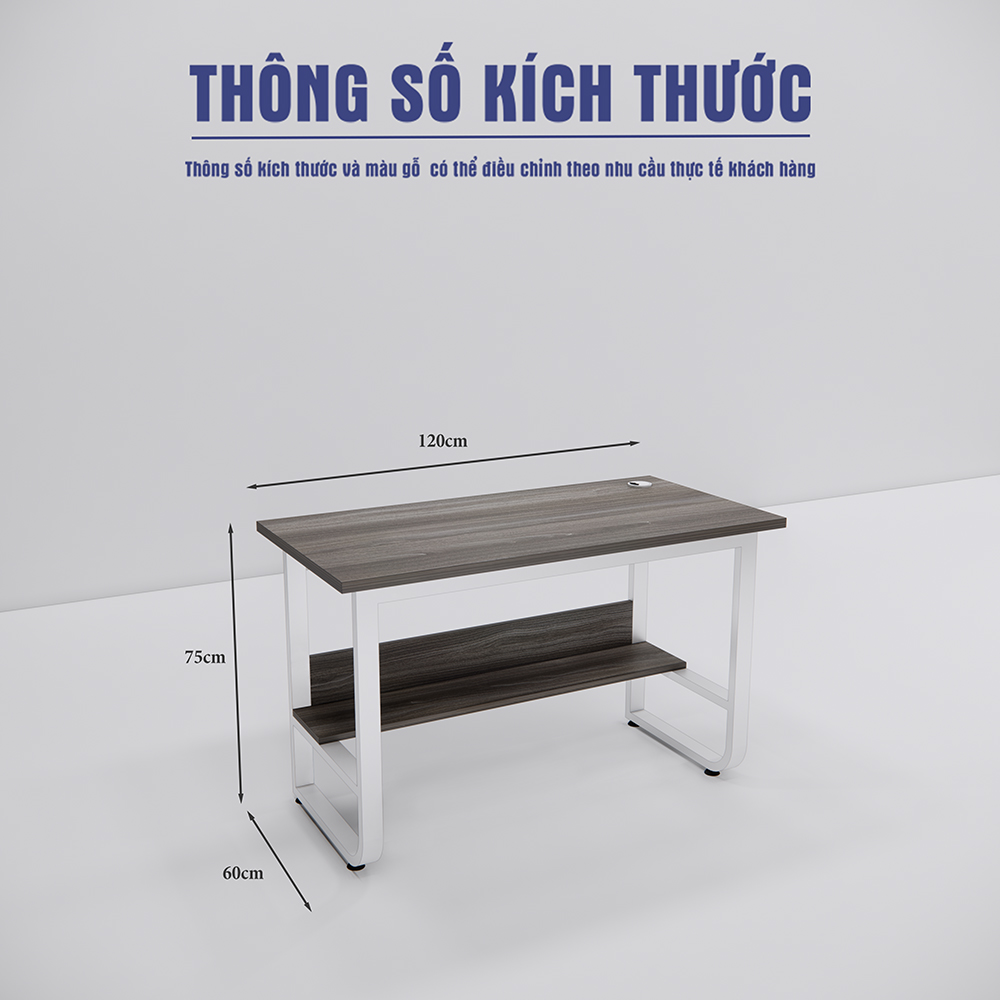 Bàn làm việc SMBLV0015, mặt gỗ MDF melamine xám, chân sắt sơn tĩnh điện trắng, gác chân, đỡ PC, kích thước 120x60x75cm.