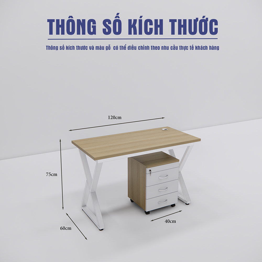 Bàn làm việc giá rẻ SMBLV0016, gỗ MDF melamine, chân sắt chữ X sơn tĩnh điện, kèm tủ hồ sơ di động, kích thước 120x60x75cm.