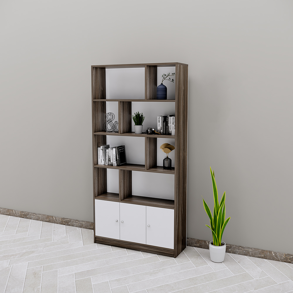 Kệ trưng bày SMKTBG002 cao 160cm, rộng 90cm, sâu 30cm, ngăn trên mở, ngăn dưới có cửa