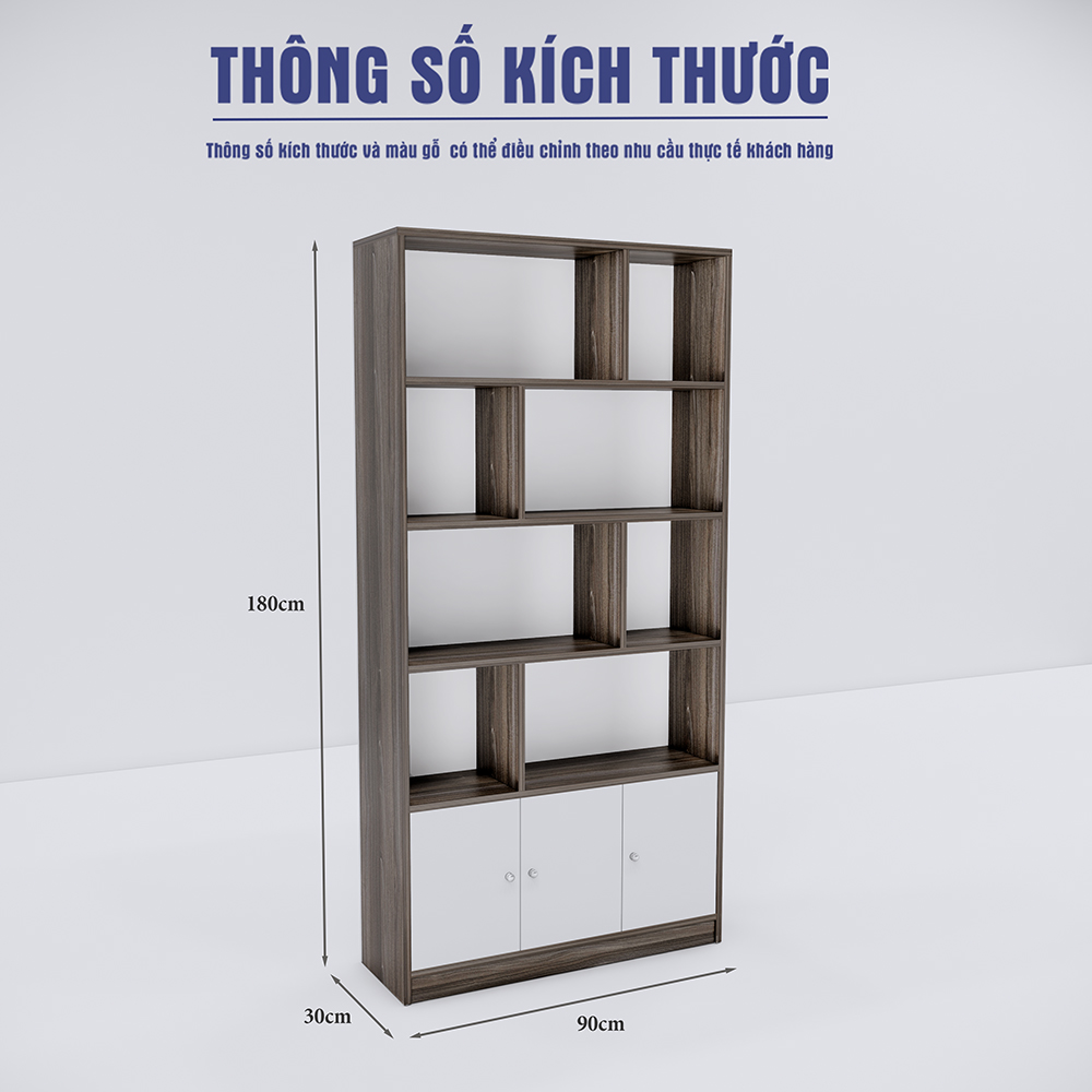 Kệ SMKTBG002 cao 160cm, rộng 90cm, sâu 30cm, có ngăn trưng bày và ngăn kín lưu trữ