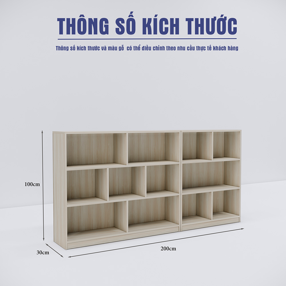 Kệ trưng bày SMKTBG010 cao 200cm, sâu 30cm, rộng 100cm, chất liệu MDF phủ melamin