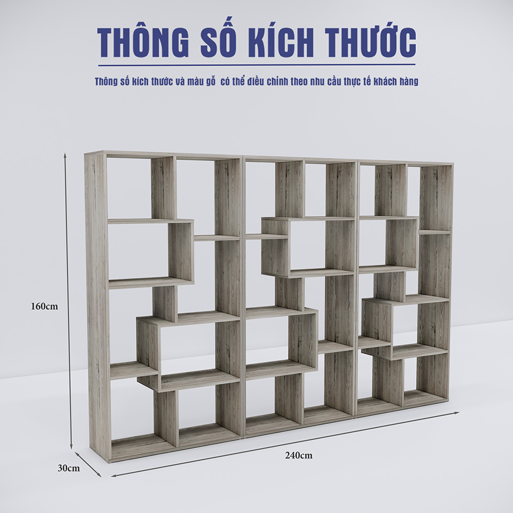 Kệ trưng bày SMKTBG011 cao 240cm, sâu 30cm, rộng 160cm, chất liệu MDF phủ melamin
