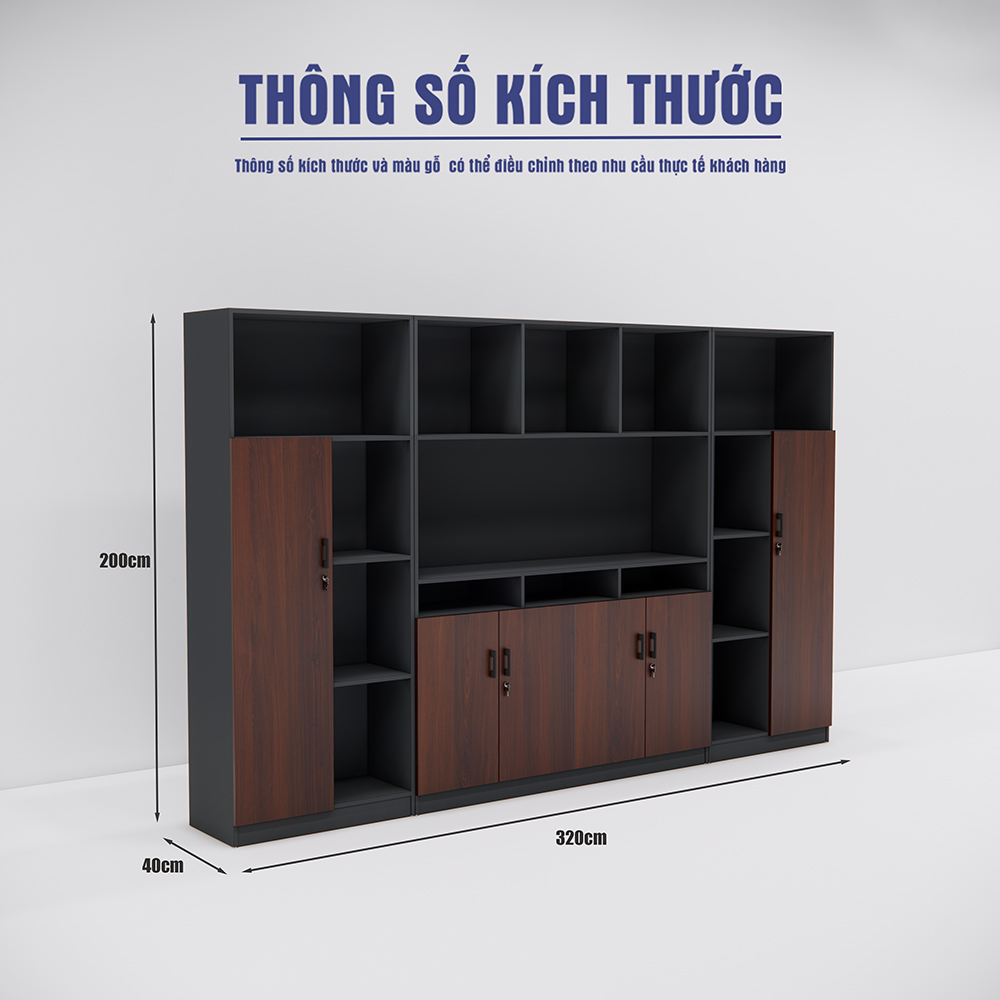 Tủ giám đốc SMTGDG005 không gian lưu trữ lớn, ngăn bày trí linh hoạt, màu gỗ tối, kích thước 320x40x200cm.
