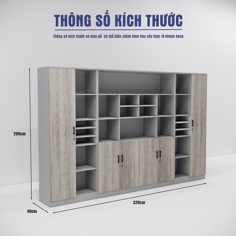 Tủ giám đốc SMTGDG006 không gian lưu trữ lớn, nhiều ngăn, màu trung tính, kích thước 320x40x200cm.