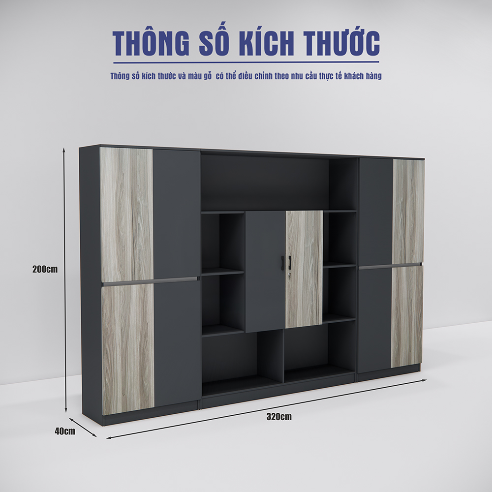 Tủ giám đốc SMTGDG007 không gian lưu trữ rộng lớn, nhiều ngăn, màu trung tính, kích thước 320x40x200cm.