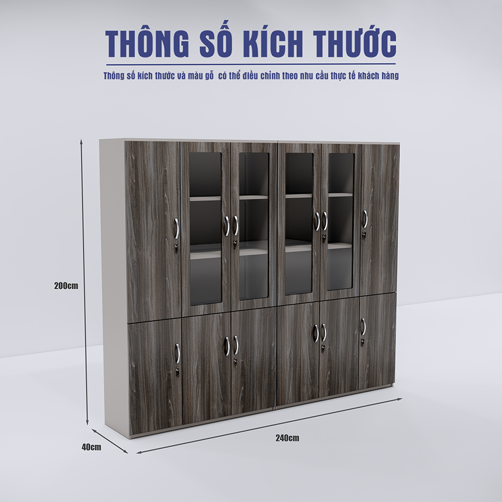 Tủ hồ sơ SMTHSG018 vân gỗ trầm, nhiều ngăn tiện ích, kích thước 200x240x40cm