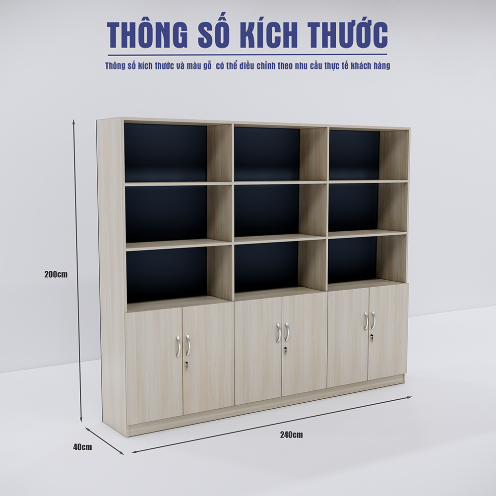 Tủ hồ sơ SMTHSG021 kích thước 200x240x40cm, gỗ MDF, ngăn mở và tủ khóa