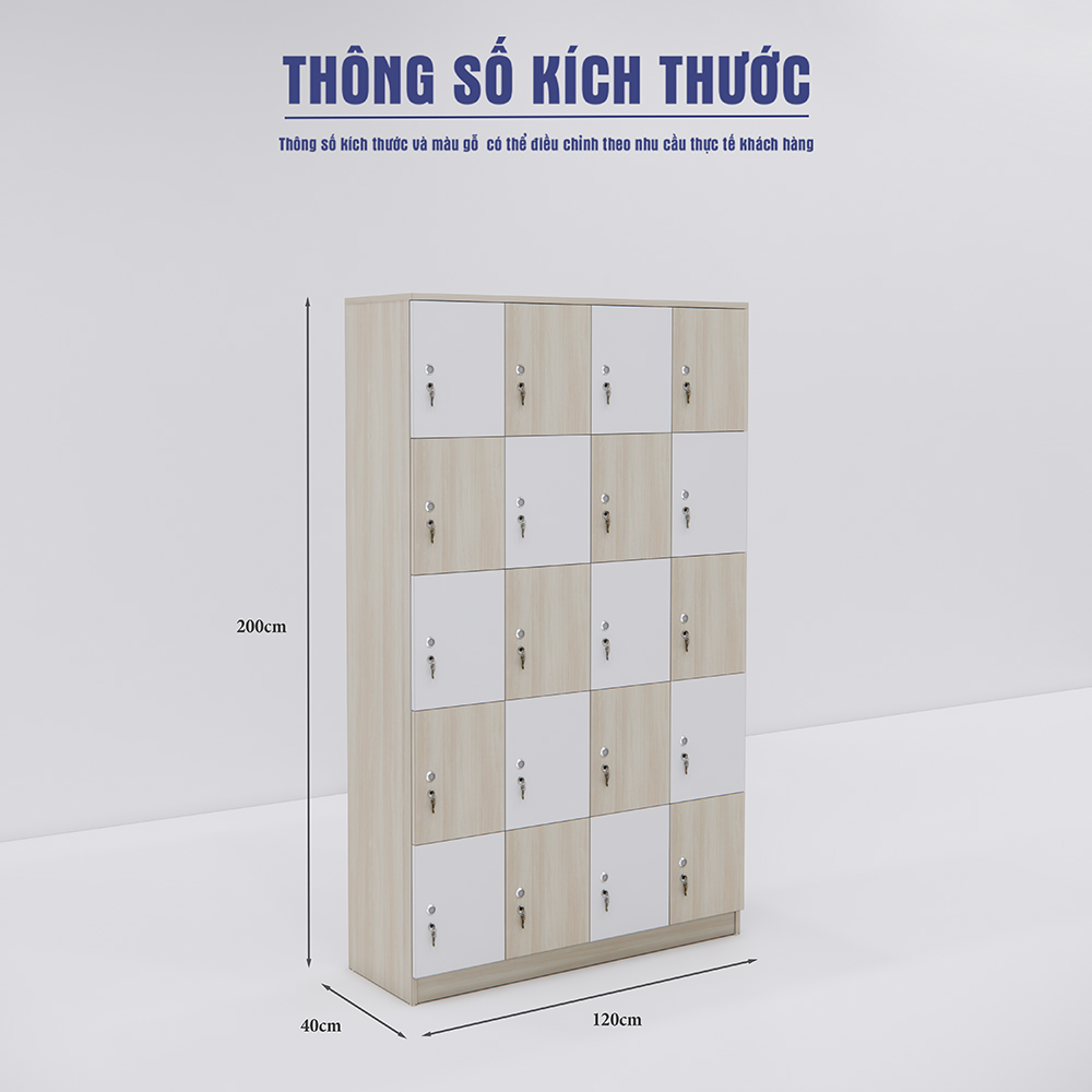 Tủ locker SMTLKG003, 20 ngăn, MDF phủ melamin, kích thước 200x120x40cm