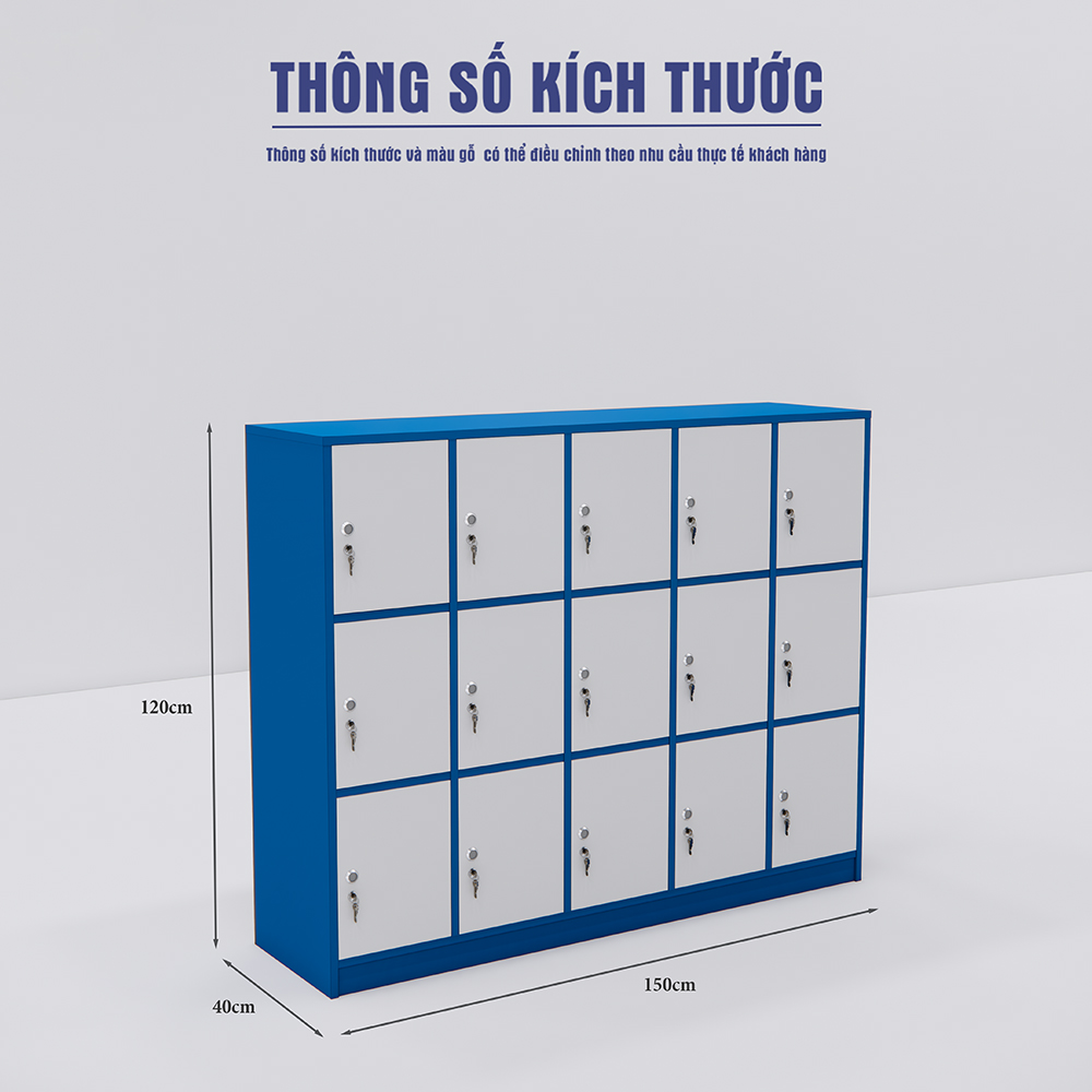 Tủ locker 15 ngăn MDF phủ melamin chống ẩm, tay nắm inox