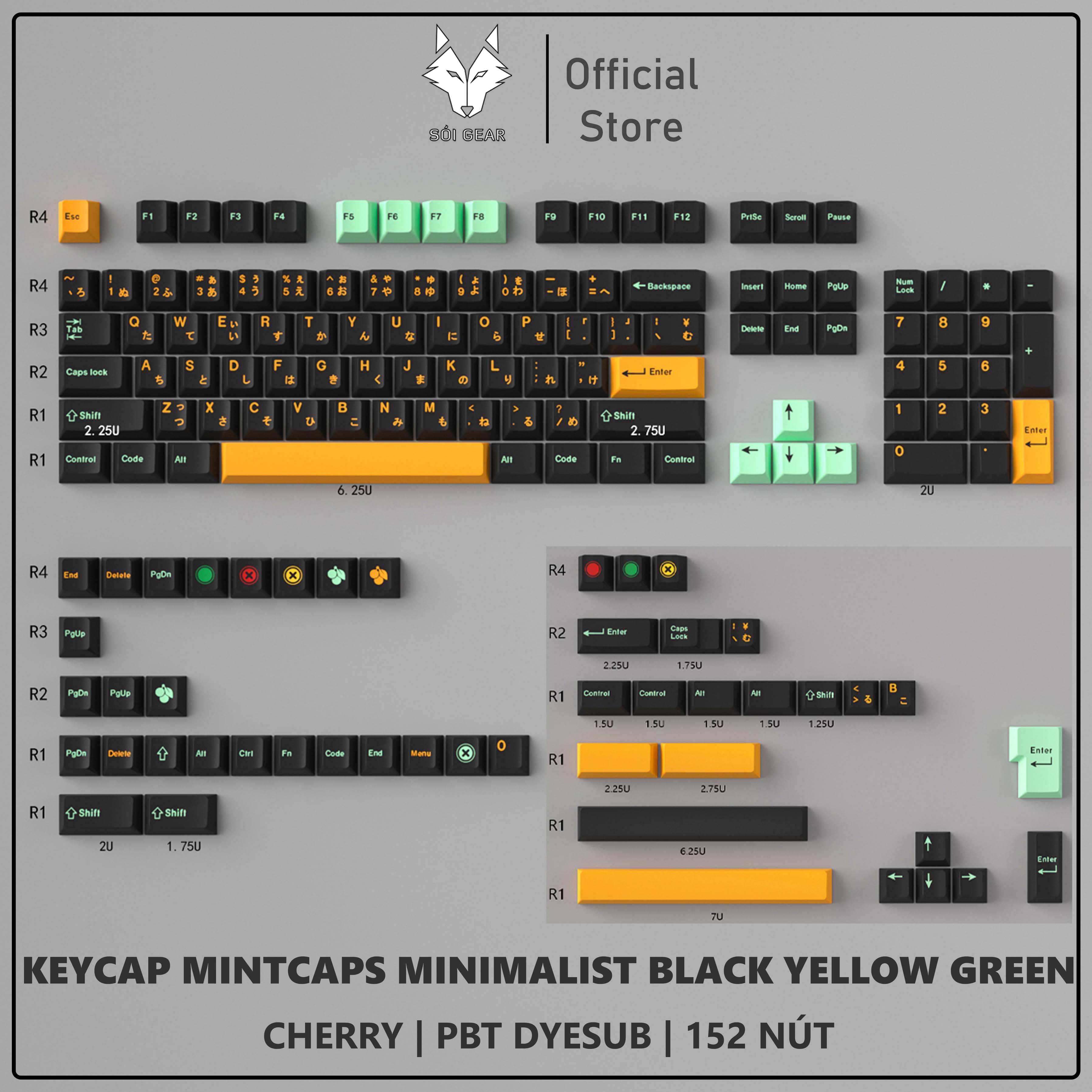 Keycap Cherry Mintcaps Minimalist Black Yellow Green PBT Dyesub - Japanese