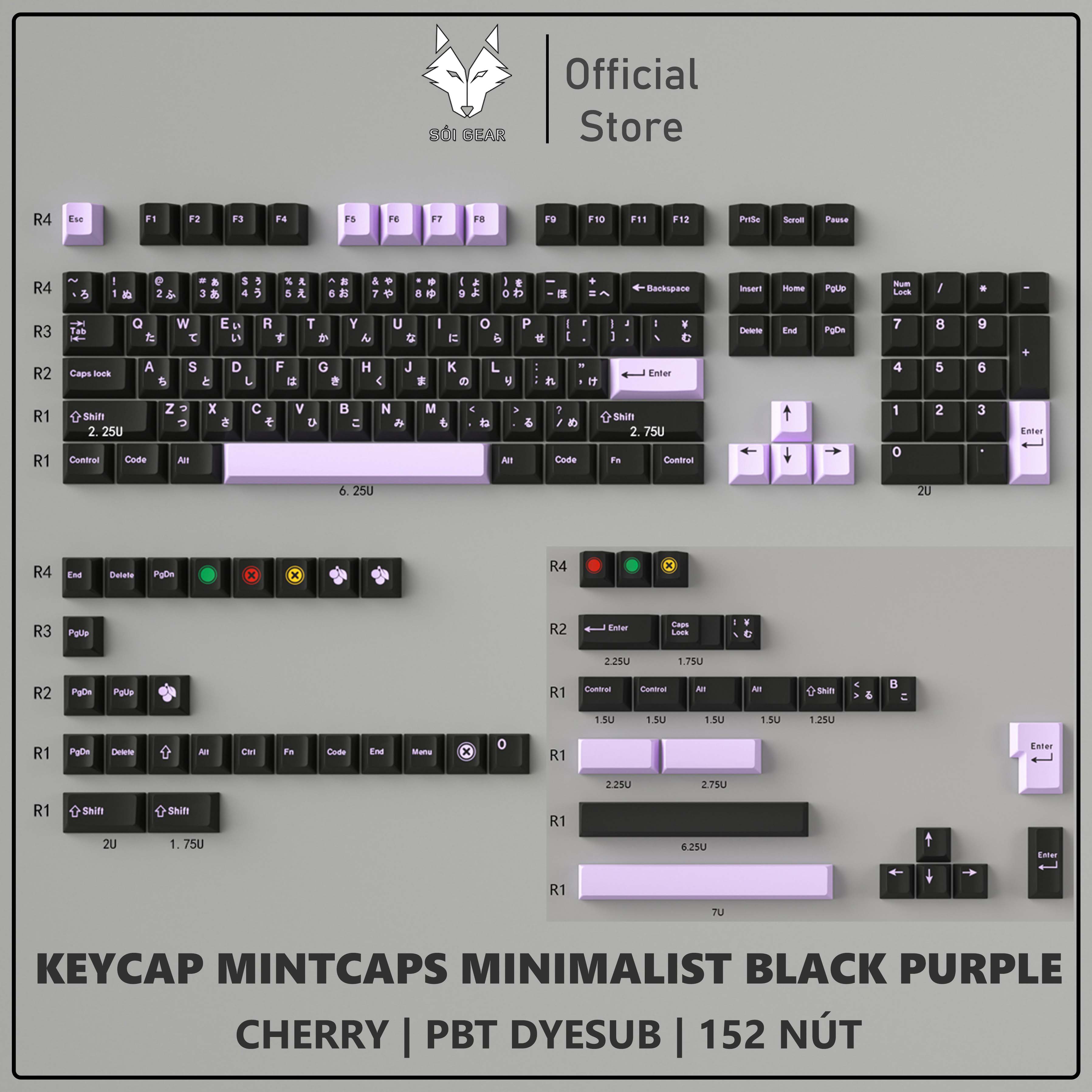Keycap Cherry Mintcaps Minimalist Black Purple PBT Dyesub