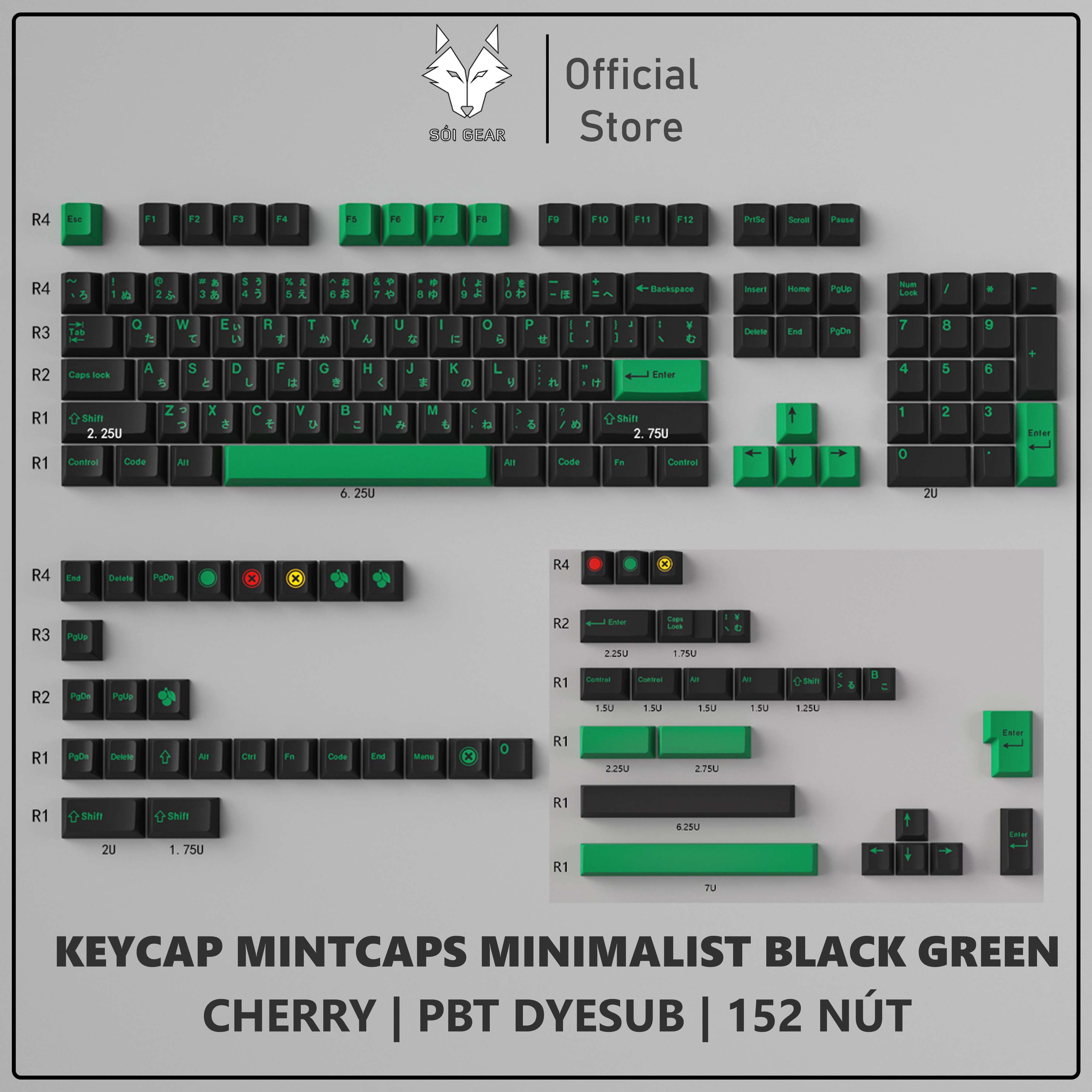 [In Stock] Keycap Cherry Mintcaps Minimalist Black Green PBT Dyesub