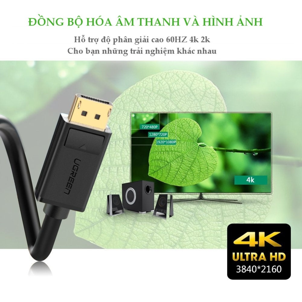 Cáp Displayport to Displayport 1.2 Ugreen DP102 dài 1m - 5m, hỗ trợ 4K@60Hz Chính Hãng
