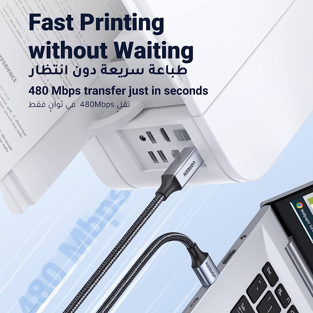 Cáp máy in USB A to USB B Ugreen US369, dài 1m, 2m , 3m , 5m dây dù bọc nhôm cao cấp