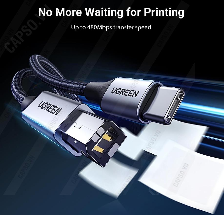 Cáp máy in USB-C to USB-B Ugreen US370 Dài 1M-3M Đầu bọc nhôm dây dù Chính Hãng