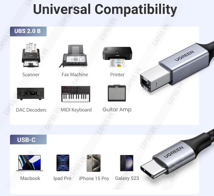 Cáp máy in USB-C to USB-B Ugreen US370 Dài 1M-3M Đầu bọc nhôm dây dù Chính Hãng