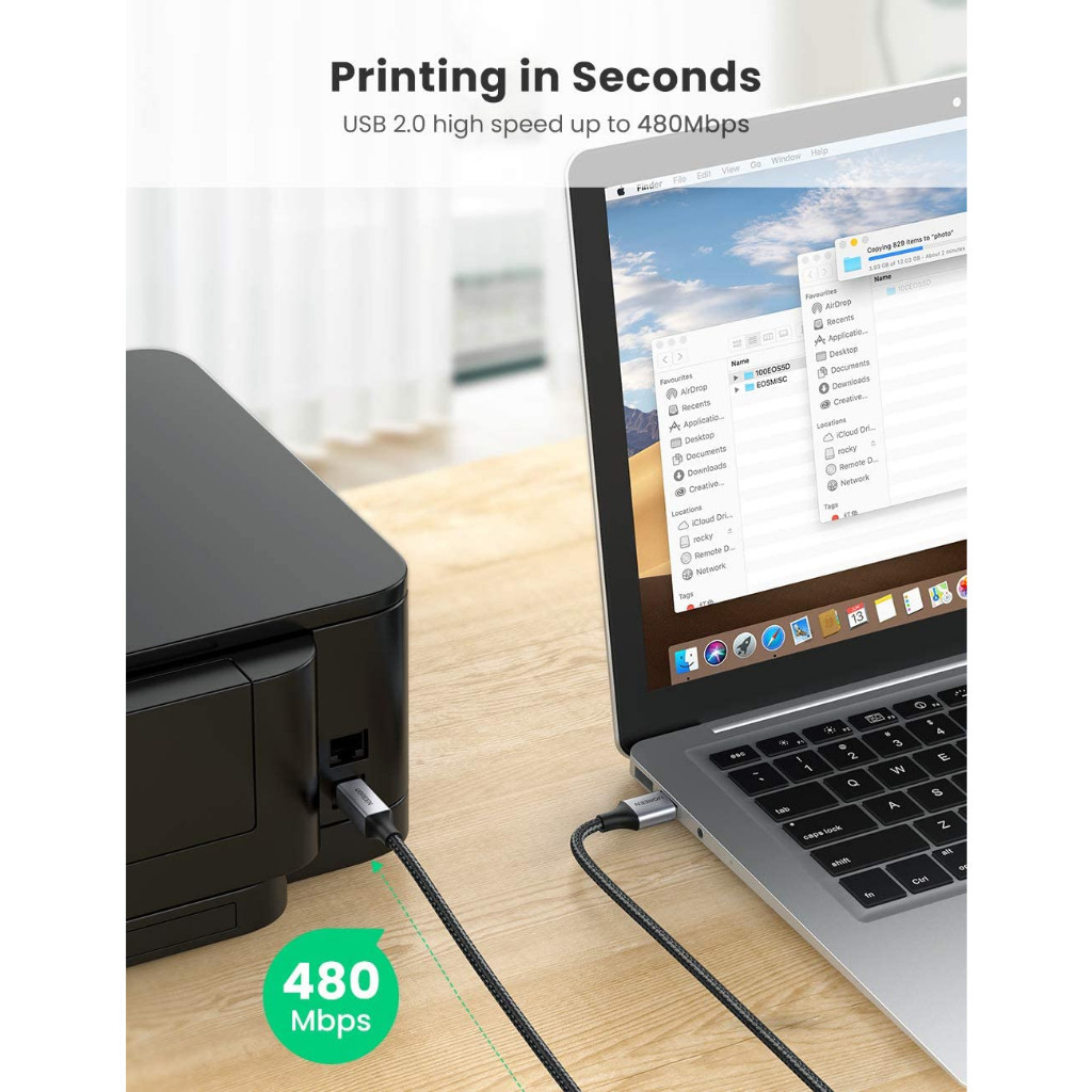 Cáp máy in USB-C to USB-B Ugreen US370 Dài 1M-3M Đầu bọc nhôm dây dù Chính Hãng