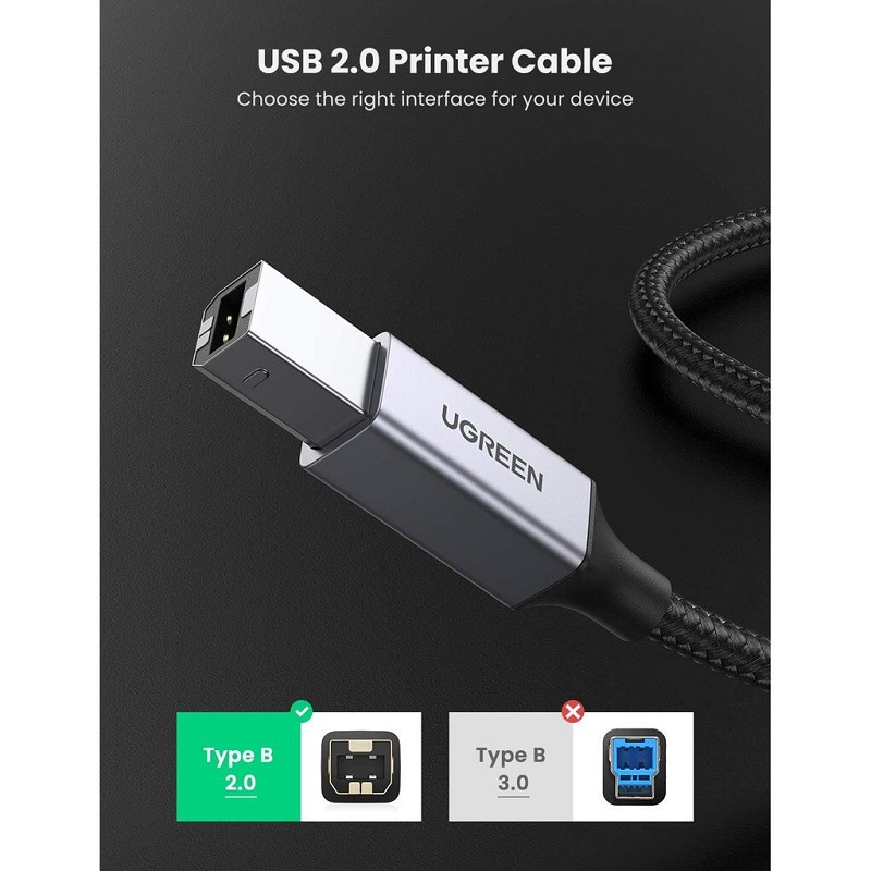 Cáp máy in USB-C to USB-B Ugreen US370 Dài 1M-3M Đầu bọc nhôm dây dù Chính Hãng