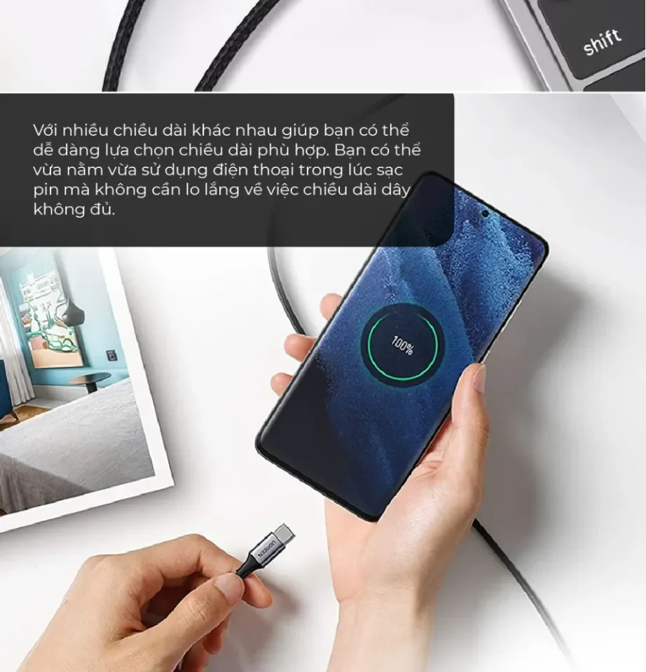 Cáp sạc nhanh USB to Type C Ugreen US288 dây bọc dù xin