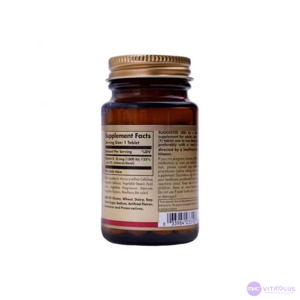 Viên uống Vitamin D3 1000 IU L/90v SOLGAR D3 hàm lượng cao hỗ trợ xương, răng