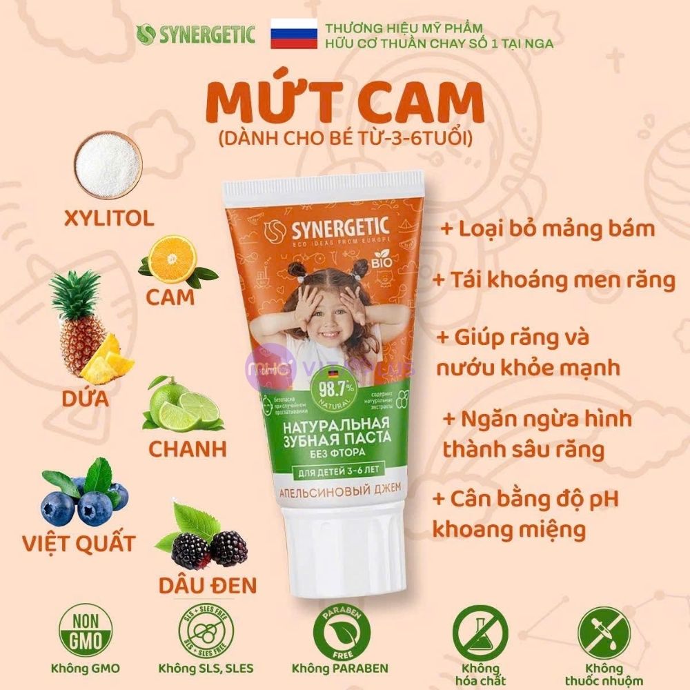 Kem đánh răng thiên nhiên SYNERGTIC vị mứt cam 50G (3-6 tuổi) - Bé gái