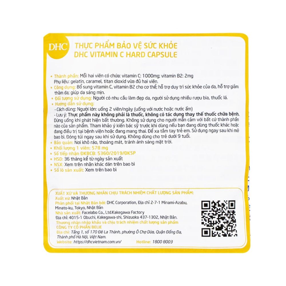 Thực phẩm bảo vệ sức khỏe DHC Vitamin C Hard Capsule Gói 60V