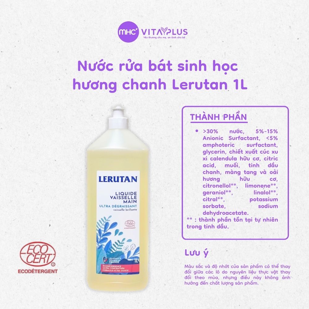 Nước rửa bát sinh học đậm đặc hương chanh Lerutan 1L