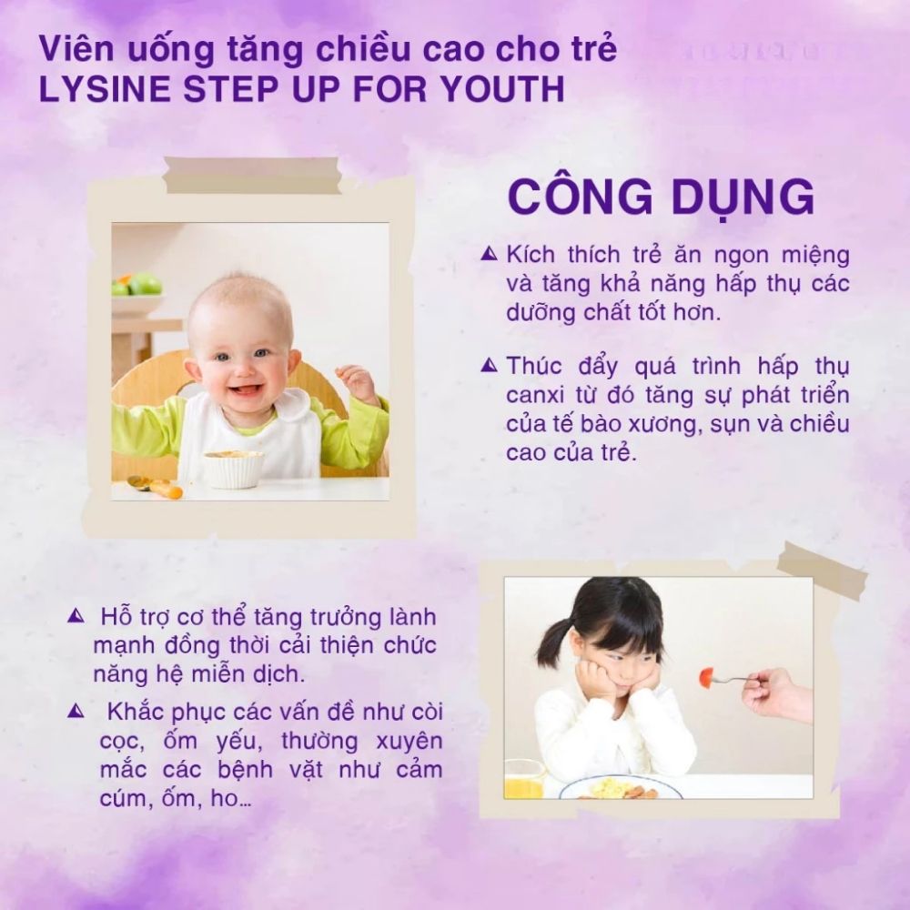 Viên nhai tăng chiều cao Lysine Step Up For Youth Bioisland 60 viên