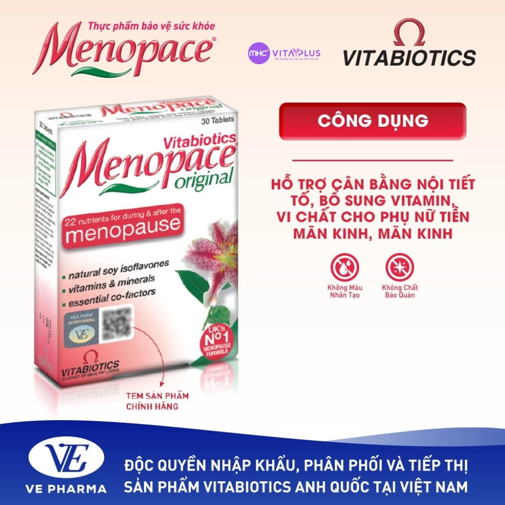 Viên uống Menopace Hộp 30V VITABIOTICS - cân bằng nội tiết cho phụ nữ tiền & mãn kinh