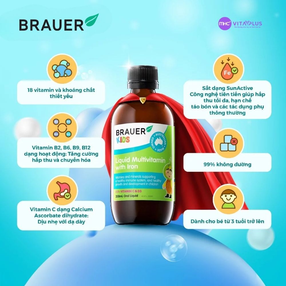 Siro Multivitamin + Iron H/200ml BRAUER tăng đề kháng và sức khỏe cho trẻ 3+