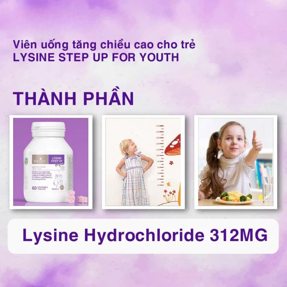 Viên nhai tăng chiều cao Lysine Step Up For Youth Bioisland 60 viên