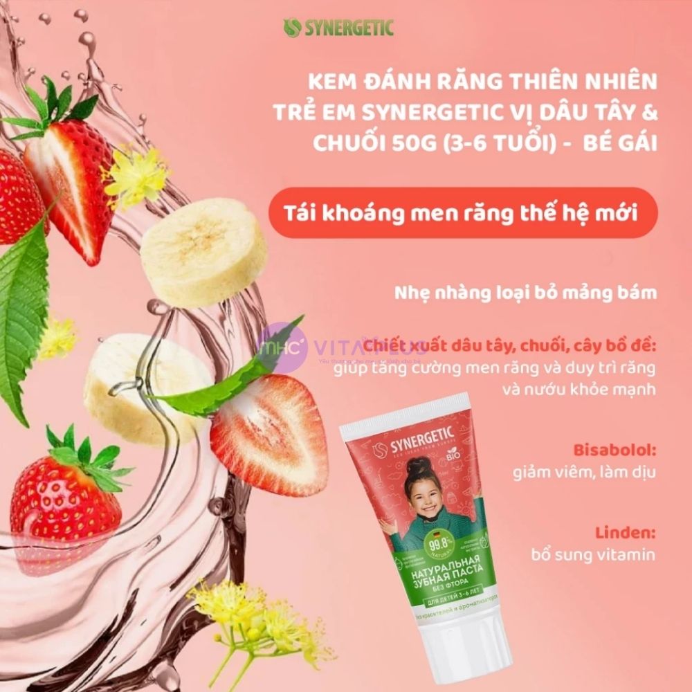 Kem đánh răng thiên nhiên SYNERGETIC vị dây tây & chuối 50G (3-6 tuổi)