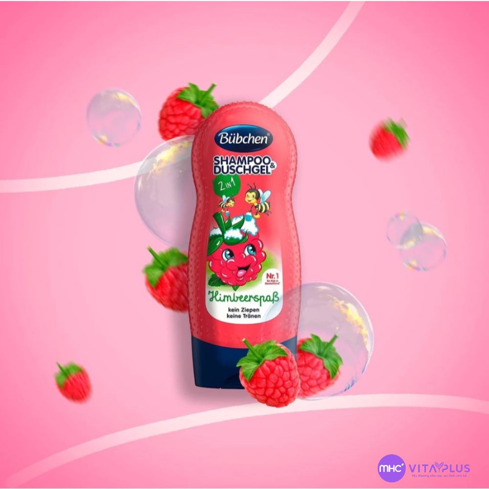 Sữa tắm gội thuần chay dưỡng ẩm và chống nắng cho da Bubchen Himbeerspaβ (Dùng cho bé từ 3 tuổi trở lên)