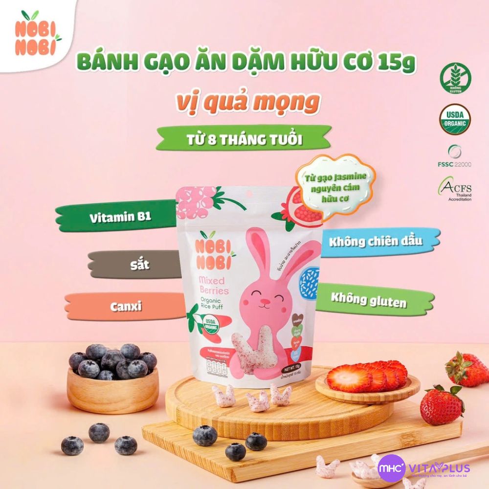 Thực phẩm bổ sung bánh gạo ăn dặm hữu cơ cho bé Nobi Nobi vị quả mọng 15g