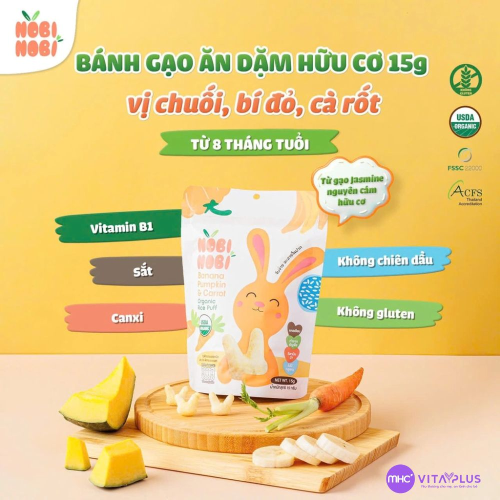Thực phẩm bổ sung bánh gạo ăn dặm hữu cơ cho bé Nobi Nobi vị chuối, bí đỏ, cà rốt 15g (từ 8 tháng tuổi)