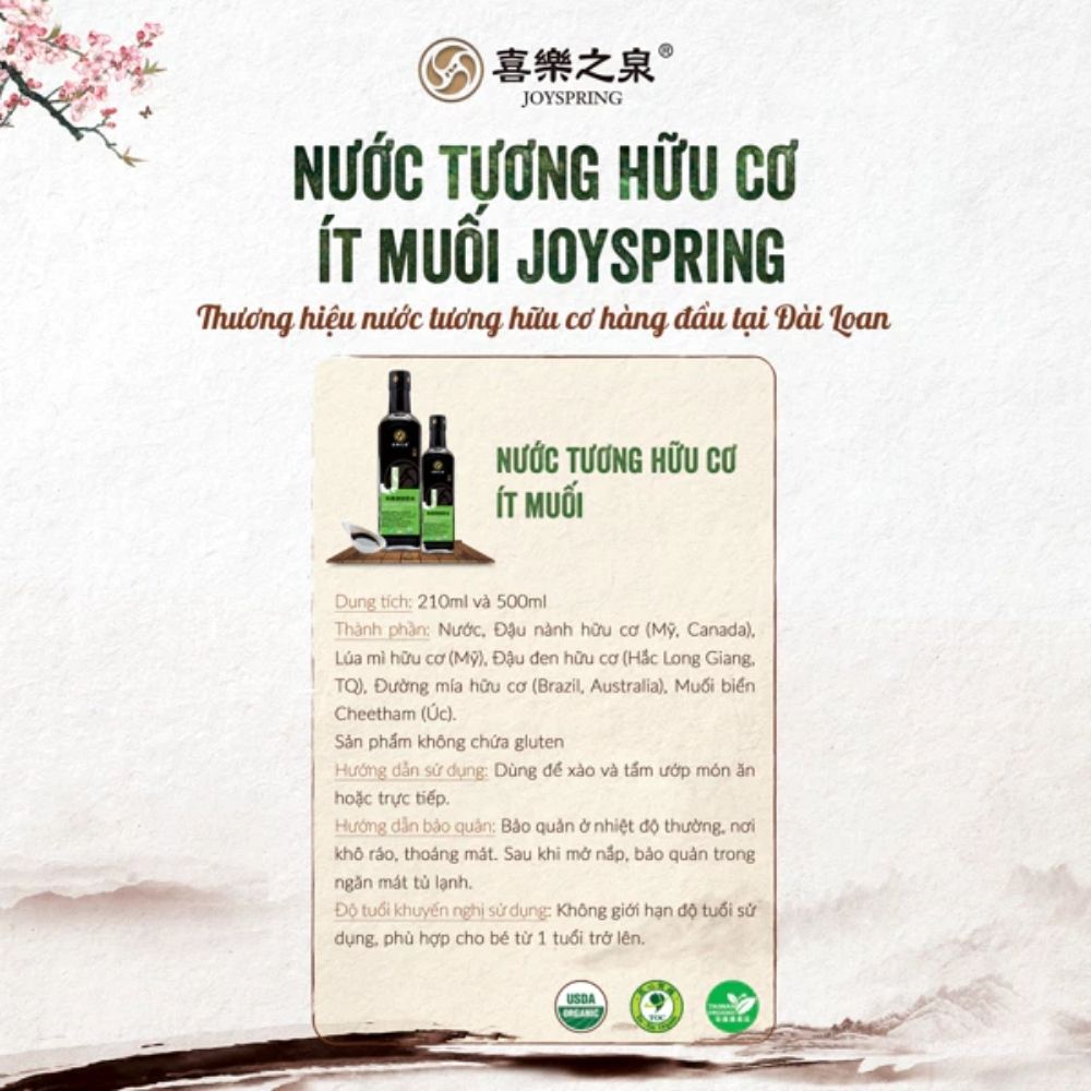 Nước tương hữu cơ ít muối Joyspring 500ml
