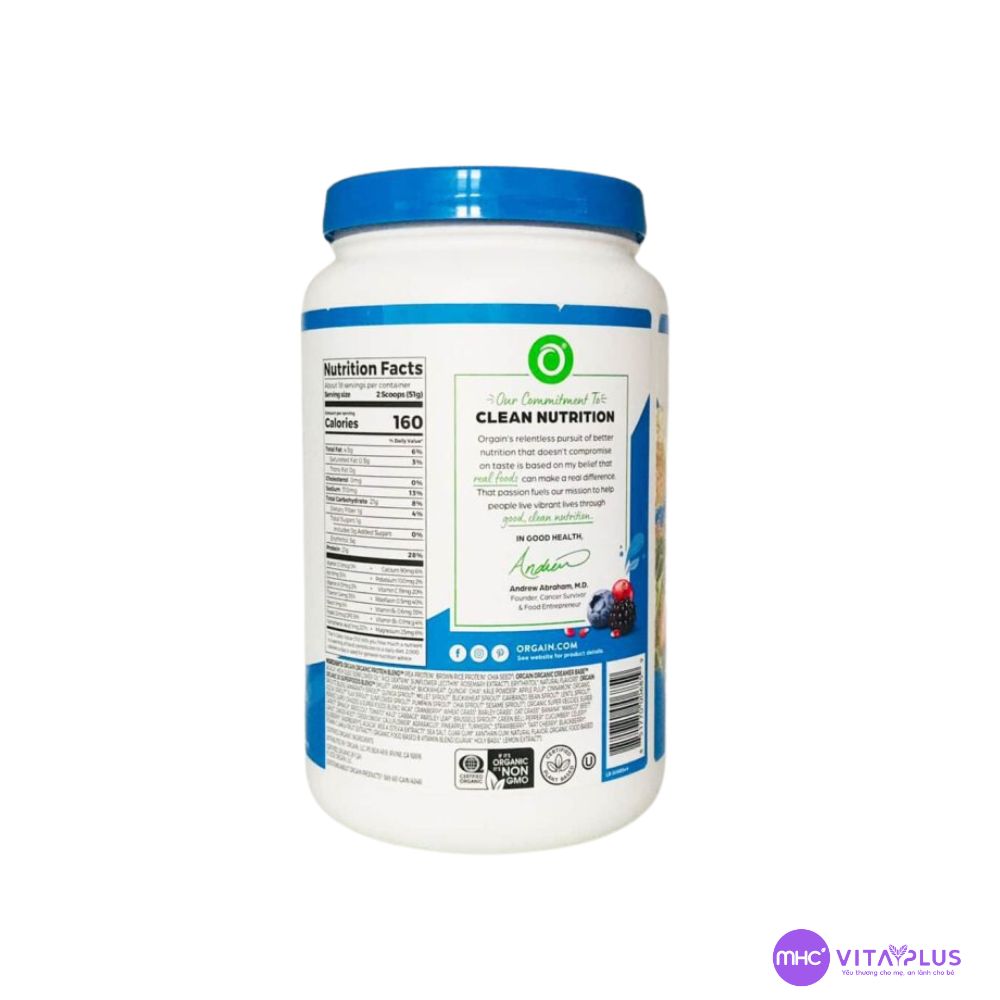 Đạm thực vật và Superfoods hữu cơ Orgain Mỹ 918gr - Hương Vani