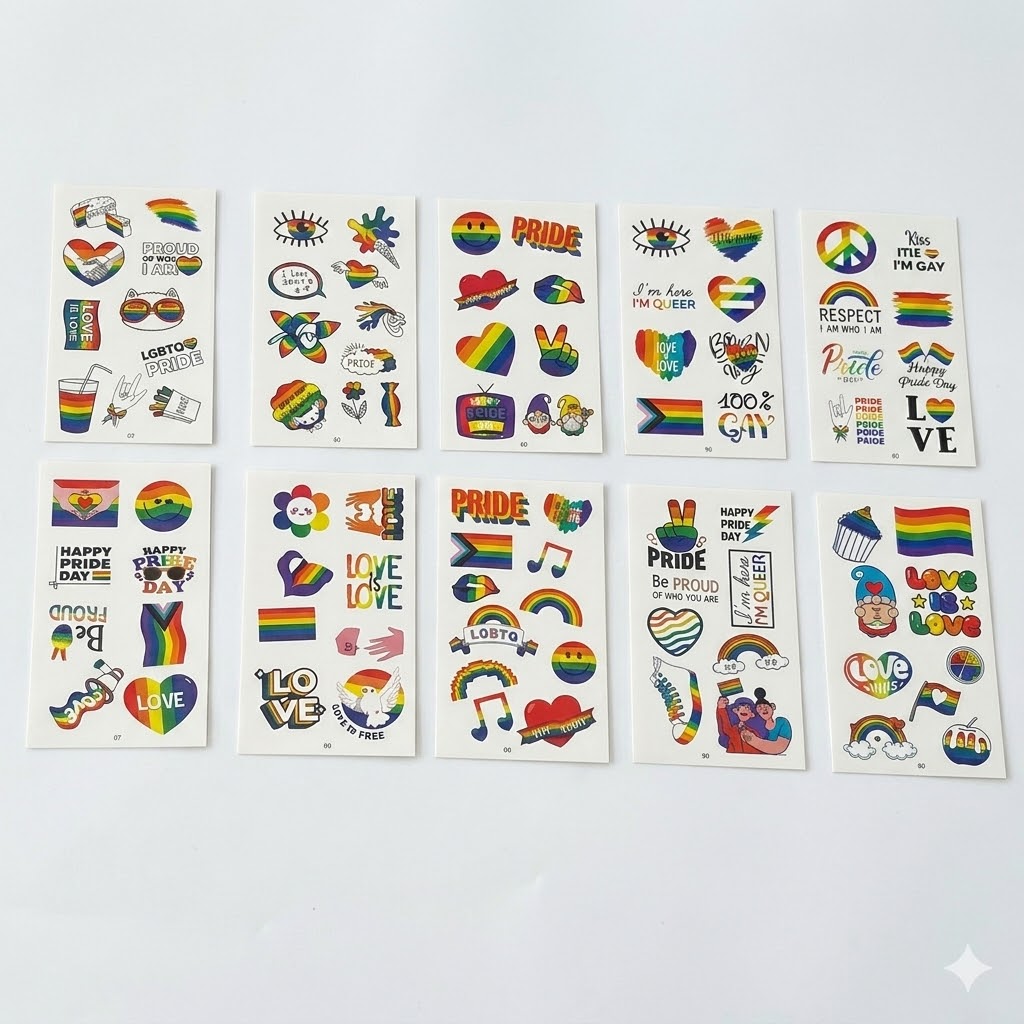 Combo 10 Tờ Hình Xăm Dán Tạm Thời Pride – Sắc Màu Cầu Vồng LGBT Vui Nhộn