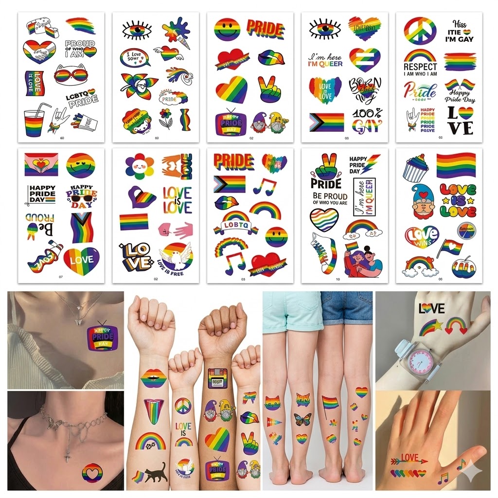 Combo 10 Tờ Hình Xăm Dán Tạm Thời Pride – Sắc Màu Cầu Vồng LGBT Vui Nhộn