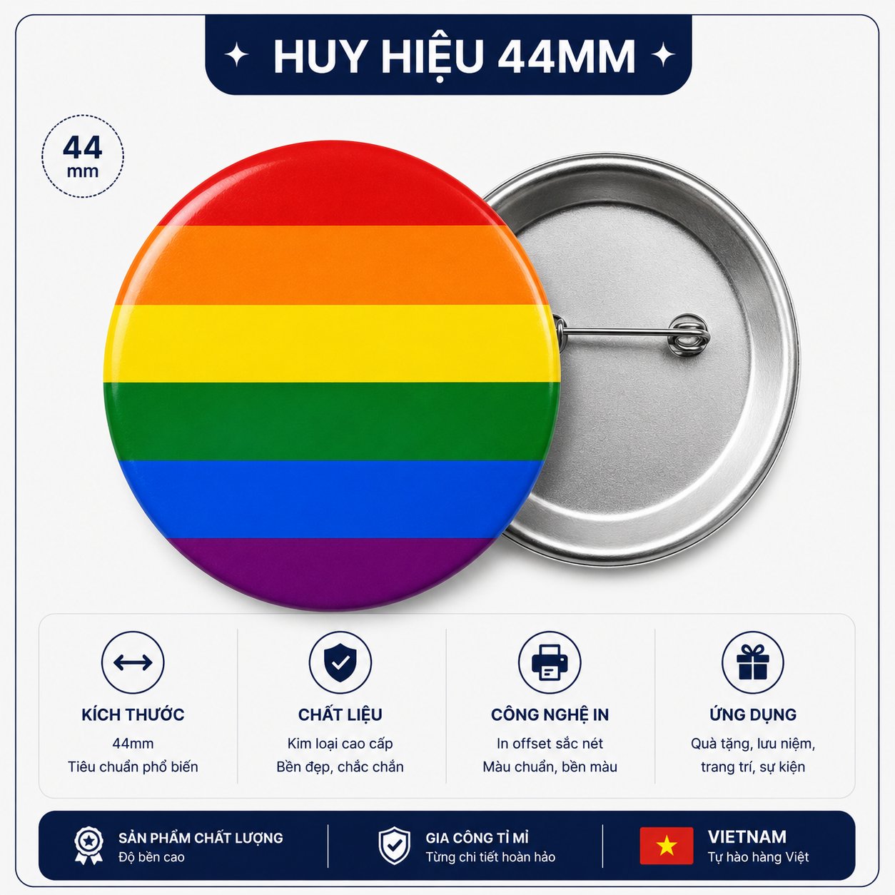 Huy Hiệu LGBT Lục Sắc Rainbow (Cờ Cầu Vồng) 44mm – Phụ Kiện Cài Áo Tự Hào
