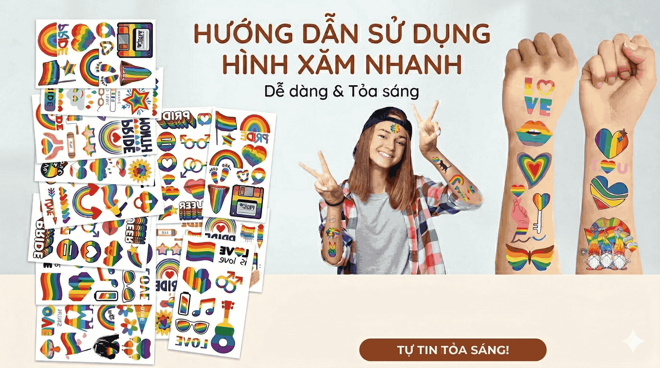 Combo 10 Tờ Hình Xăm Dán Tạm Thời Pride – Sắc Màu Cầu Vồng LGBT Vui Nhộn